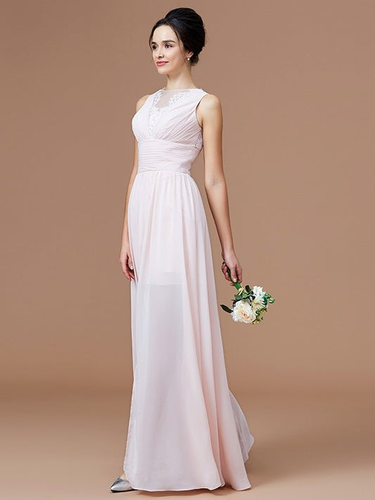 A-Line/Princess Jewel Sleeveless Ruched Floor-Length Chiffon Bridesmaid Dresses DEP0005593