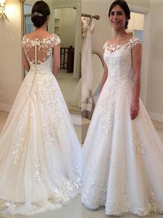 A-Line/Princess Scoop Sleeveless Sweep/Brush Train Lace Tulle Wedding Dresses DEP0006034