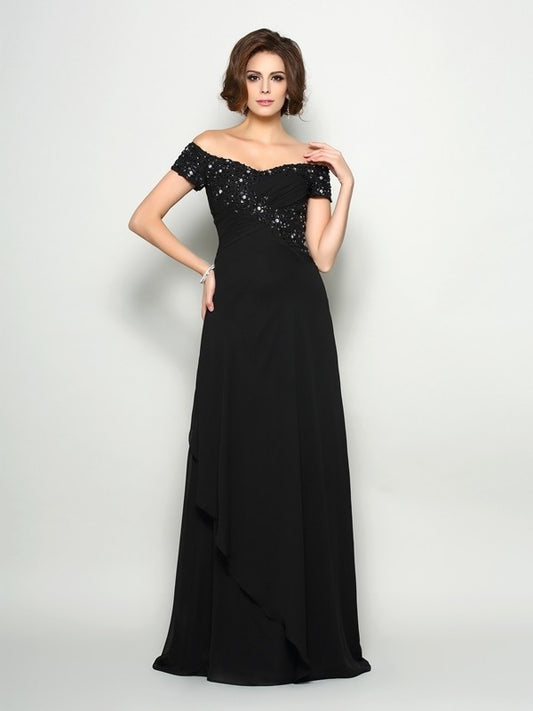 A-Line/Princess Off-the-Shoulder Beading Short Sleeves Long Chiffon Mother of the Bride Dresses DEP0007300