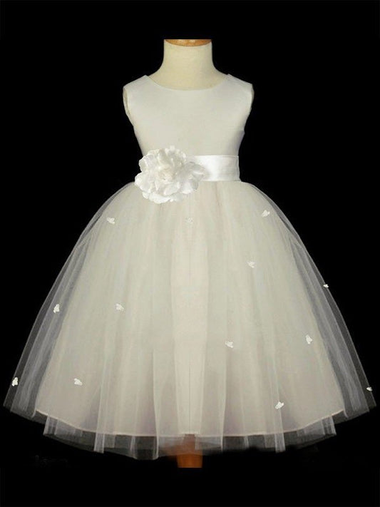 A-line/Princess Scoop Sleeveless Hand-made Flower Long Tulle Flower Girl Dresses DEP0007653