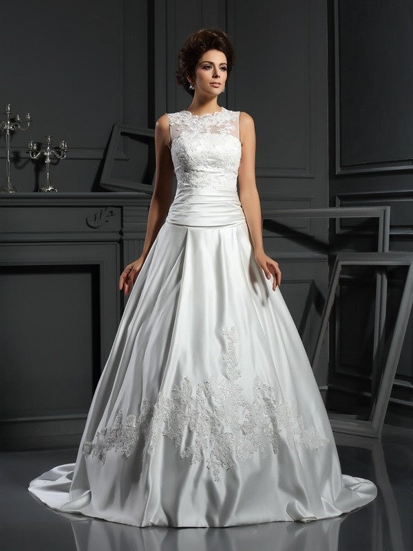 A-Line/Princess High Neck Applique Sleeveless Long Satin Wedding Dresses DEP0006700