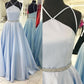 A-Line/Princess Halter Sleeveless Floor-Length Satin Dresses DEP0002064