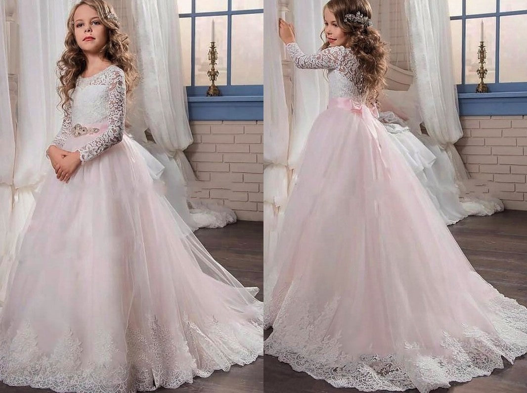 Ball Gown Jewel Long Sleeves Lace Sweep/Brush Train Tulle Flower Girl Dresses DEP0007614