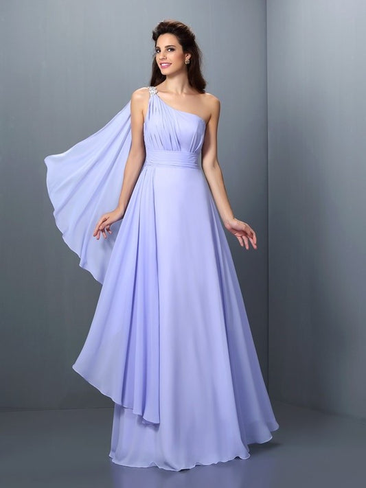 A-Line/Princess One-Shoulder Pleats Sleeveless Long Chiffon Bridesmaid Dresses DEP0005350
