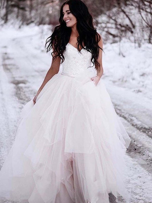 A-Line/Princess Ruched Tulle V-neck Sleeveless Floor-Length Wedding Dresses DEP0005916