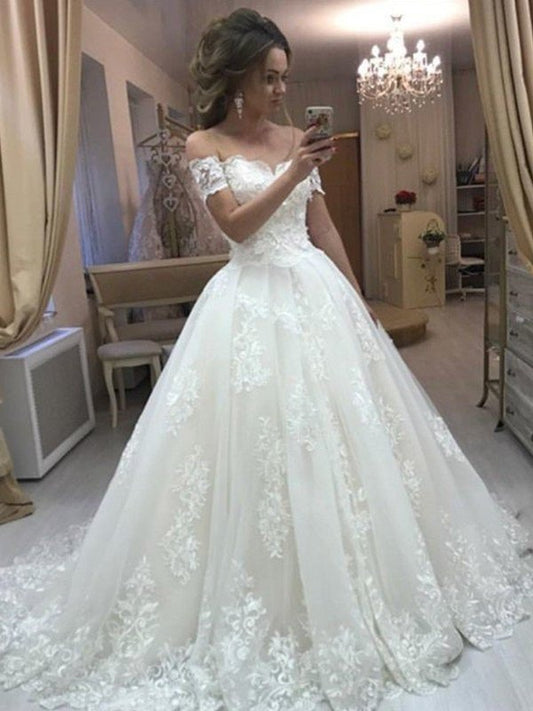 A-Line/Princess Off-the-Shoulder Sleeveless Sweep/Brush Train Applique Tulle Wedding Dresses DEP0006294