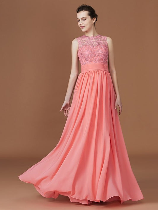 A-Line/Princess Jewel Sleeveless Lace Floor-Length Chiffon Bridesmaid Dresses DEP0005806