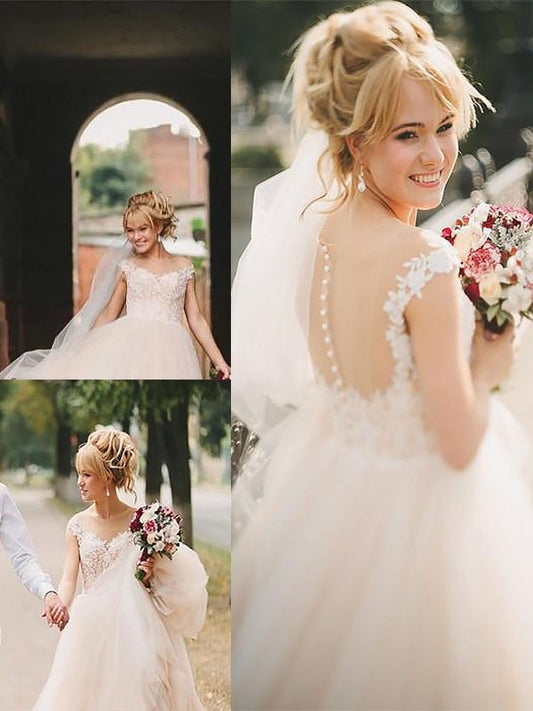 A-Line/Princess Scoop Court Train Tulle Sleeveless Wedding Dresses DEP0006675