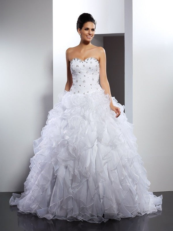 Ball Gown Sweetheart Ruffles Sleeveless Long Satin Wedding Dresses DEP0006538