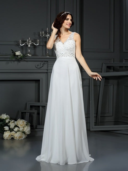 A-Line/Princess V-neck Lace Sleeveless Long Chiffon Wedding Dresses DEP0006576
