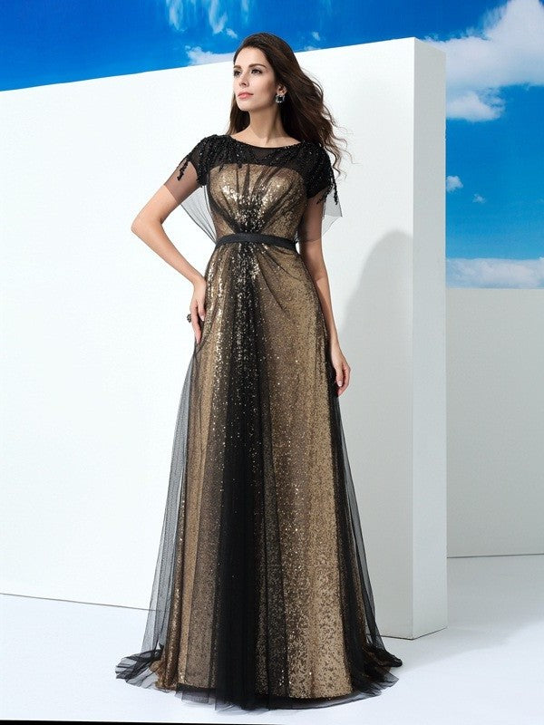 A-Line/Princess Sheer Neck Paillette Short Sleeves Long Net Dresses DEP0002270