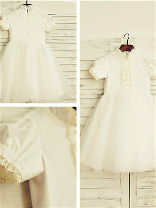 A-line/Princess High Neck Short Sleeves Lace Tea-Length Tulle Flower Girl Dresses DEP0007902