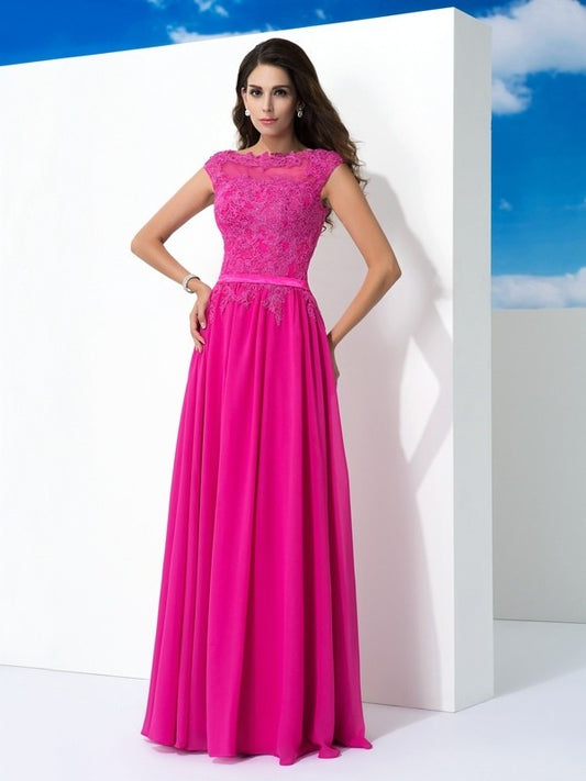 A-Line/Princess Sheer Neck Lace Sleeveless Long Chiffon Dresses DEP0002433