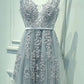 A-Line/Princess Sleeveless V-neck Tulle Applique Floor-Length Dresses DEP0001703