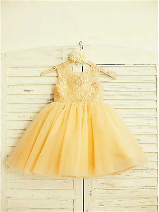 A-line/Princess Scoop Sleeveless Lace Tea-Length Tulle Flower Girl Dresses DEP0007768