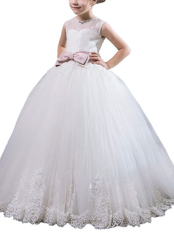 Ball Gown Scoop Sash/Ribbon/Belt Sleeveless Floor-Length Tulle Flower Girl Dresses DEP0007757