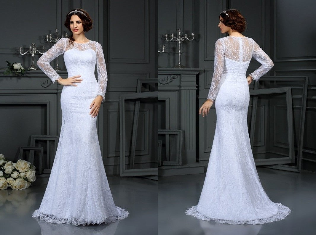 Sheath/Column Scoop Lace Long Sleeves Long Satin Wedding Dresses DEP0006422