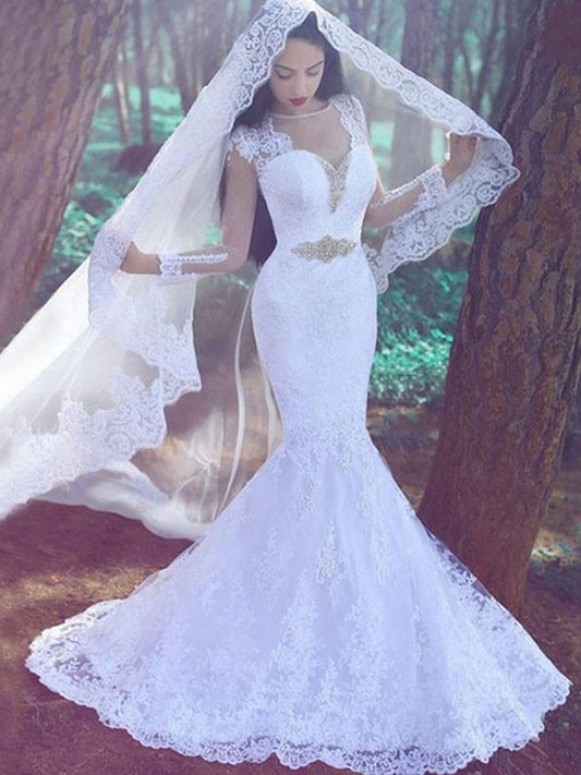 Trumpet/Mermaid Applique Sweetheart Long Sleeves Lace Court Train Wedding Dresses DEP0006214