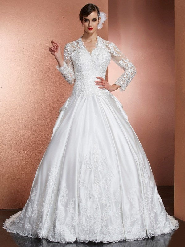 A-Line/Princess V-neck Long Sleeves Applique Long Satin Wedding Dresses DEP0006802