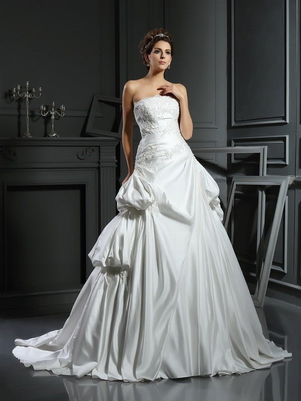 Ball Gown Strapless Applique Sleeveless Long Satin Wedding Dresses DEP0006906