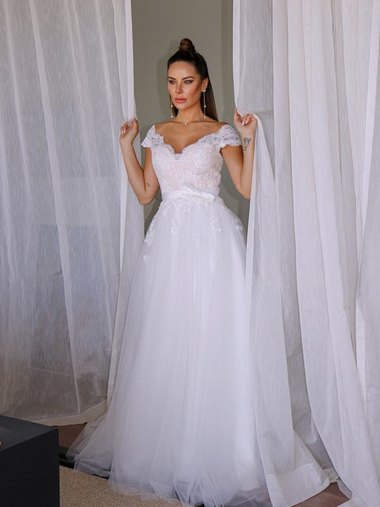 A-Line/Princess Tulle V-neck Sleeveless Lace Floor-Length Wedding Dresses DEP0006410