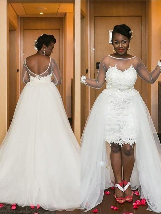 A-Line/Princess Scoop Court Train Tulle Long Sleeves Wedding Dresses DEP0006350