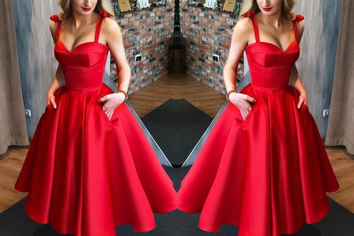 A-Line/Princess Satin Bowknot Straps Sleeveless Tea-Length Homecoming Dresses DEP0008587