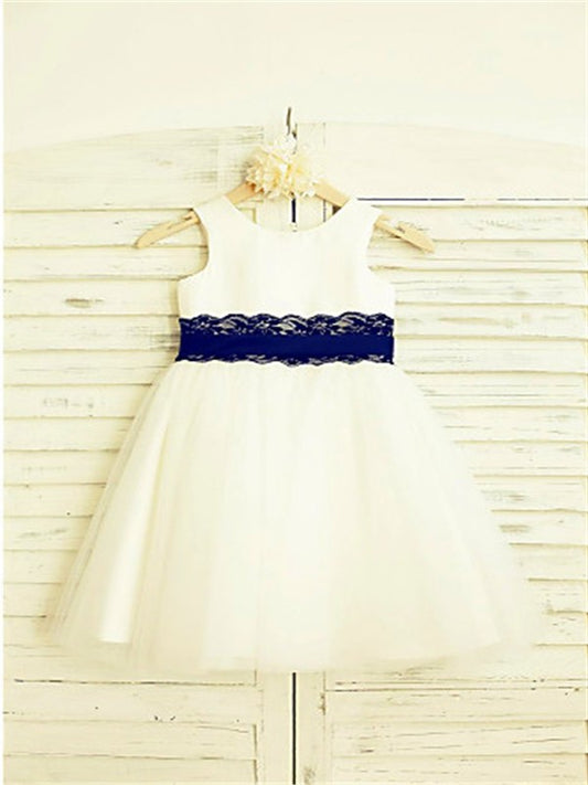 A-line/Princess Scoop Sleeveless Lace Tea-Length Tulle Flower Girl Dresses DEP0007827