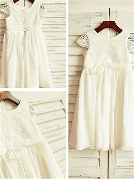 A-line/Princess Scoop Short Sleeves Lace Tea-Length Chiffon Flower Girl Dresses DEP0007809