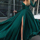 A-Line/Princess V-Neck Long Sleeves Floor-Length Ruffles Satin Chiffon Dresses DEP0001642