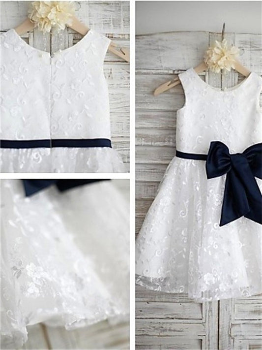 A-line/Princess Scoop Sleeveless Bowknot Tea-Length Lace Flower Girl Dresses DEP0007816