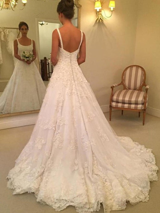 A-Line/Princess Sleeveless Straps Square Court Train Applique Lace Wedding Dresses DEP0006364
