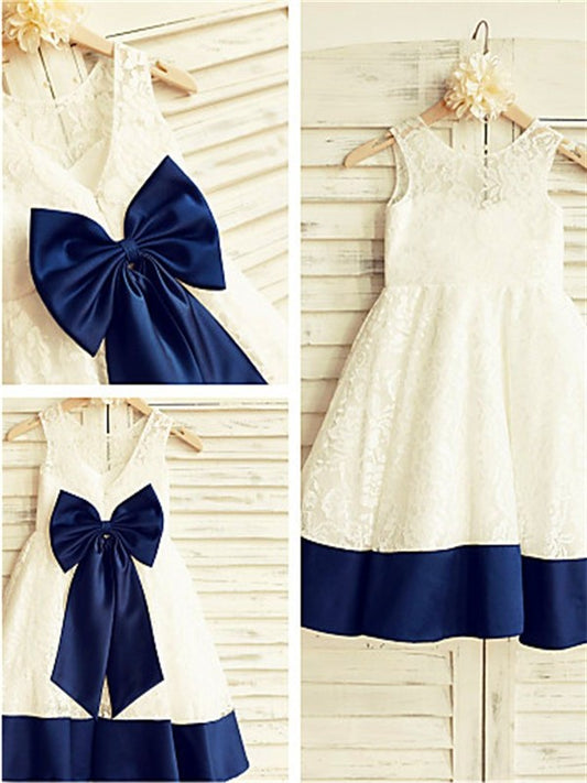 A-line/Princess Sleeveless Scoop Bowknot Tea-Length Lace Flower Girl Dresses DEP0007719