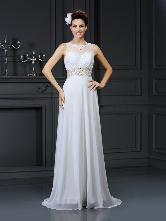 A-Line/Princess Bateau Ruffles Sleeveless Long Chiffon Wedding Dresses DEP0006616