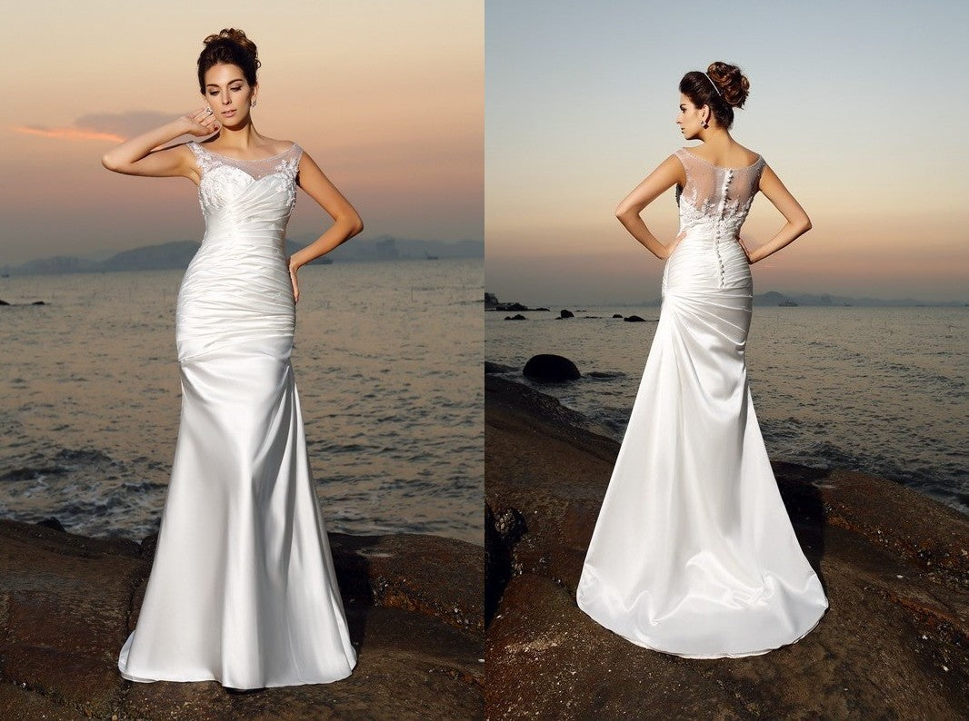 Trumpet/Mermaid Scoop Beading Sleeveless Long Satin Beach Wedding Dresses DEP0006202