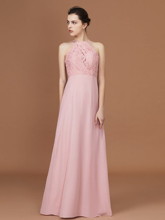 A-Line/Princess Halter Sleeveless Lace Floor-Length Chiffon Bridesmaid Dress DEP0005757