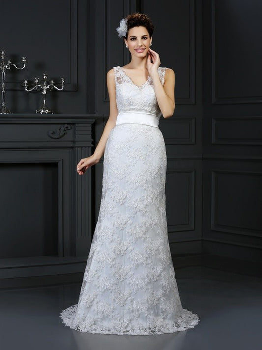 Trumpet/Mermaid Sweetheart Applique Sleeveless Long Lace Wedding Dresses DEP0006743