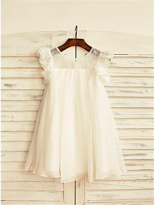A-line/Princess Scoop Short Sleeves Lace Tea-Length Chiffon Flower Girl Dresses DEP0007691