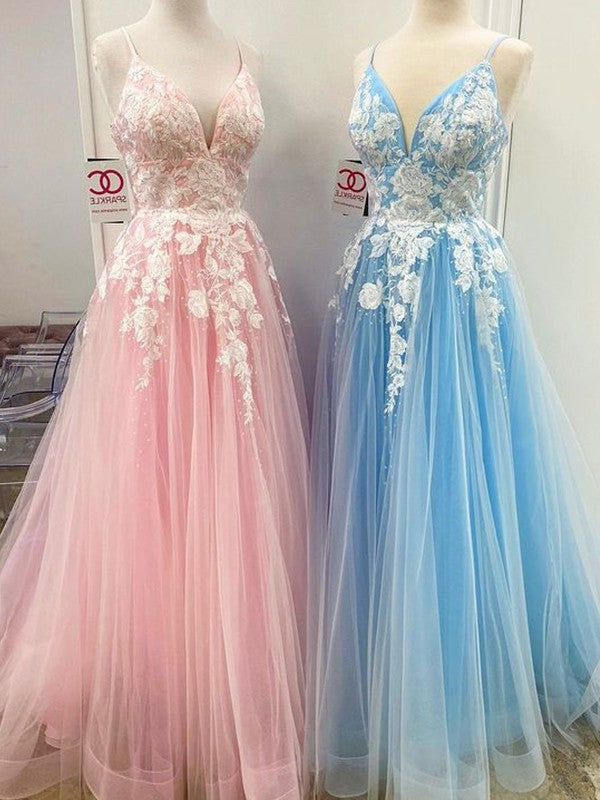 A-Line/Princess Floor-Length V-neck Applique Sleeveless Tulle Dresses DEP0001837