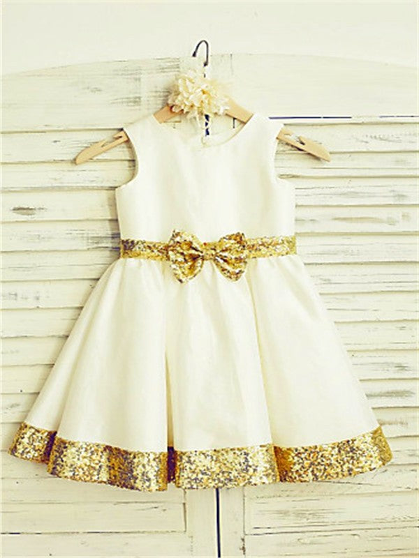 A-line/Princess Scoop Sleeveless Sequin Tea-Length Satin Flower Girl Dresses DEP0007738