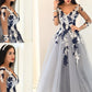 A-Line/Princess V-Neck Long Sleeves Applique Tulle Floor-Length Dresses DEP0001794