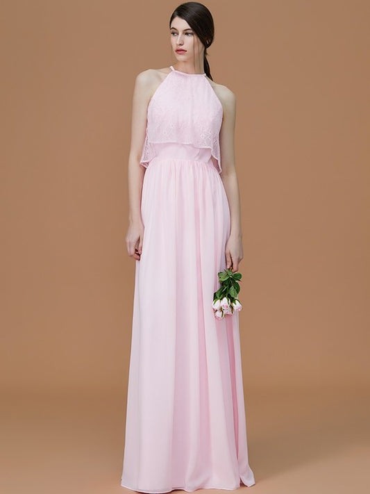 A-Line/Princess Halter Sleeveless Floor-Length Ruffles Chiffon Bridesmaid Dresses DEP0005706