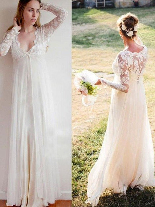 Empire V-neck Chiffon Lace Long Sleeves Floor-Length Wedding Dresses DEP0006644
