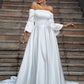 A-Line/Princess Charmeuse Ruffles Off-the-Shoulder 3/4 Sleeves Sweep/Brush Train Wedding Dresses DEP0006367