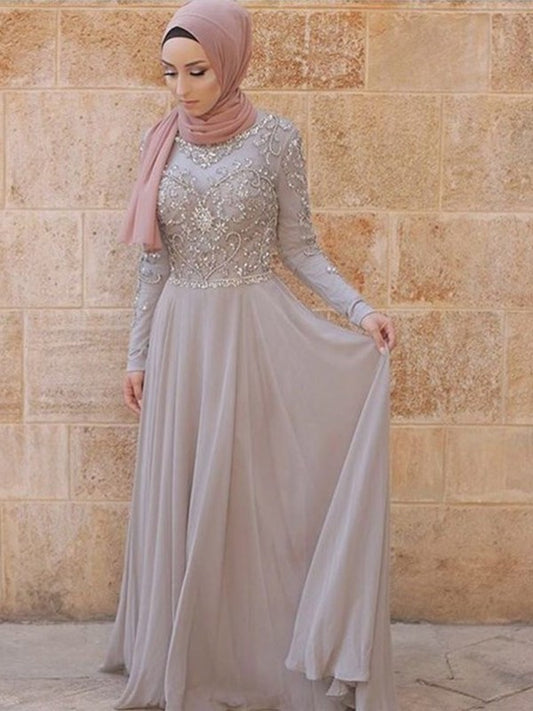 A-Line/Princess Long Sleeves Scoop Sweep/Brush Train Crystal Tulle Muslim Dresses DEP0003330