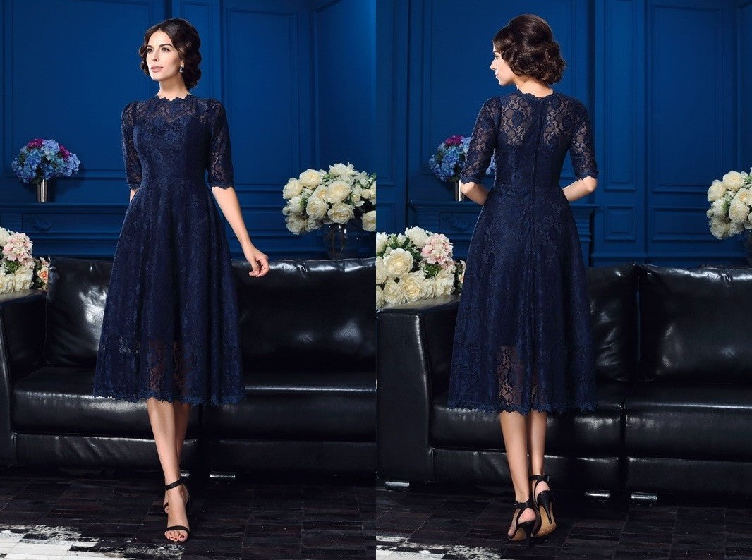 A-Line/Princess Jewel Lace 1/2 Sleeves Short Lace Mother of the Bride Dresses DEP0007091