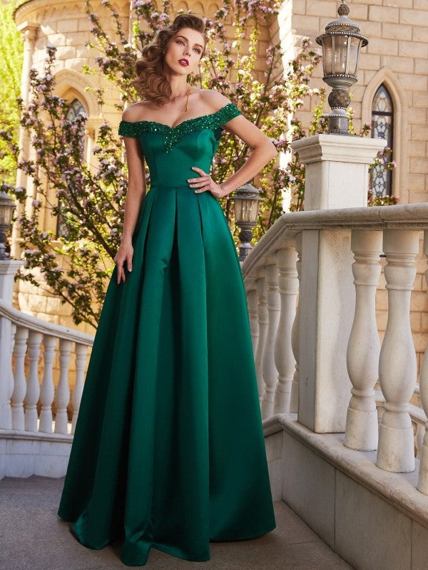 A-Line/Princess Off-the-Shoulder Sequin Sleeveless Satin Floor-Length Dresses DEP0002252