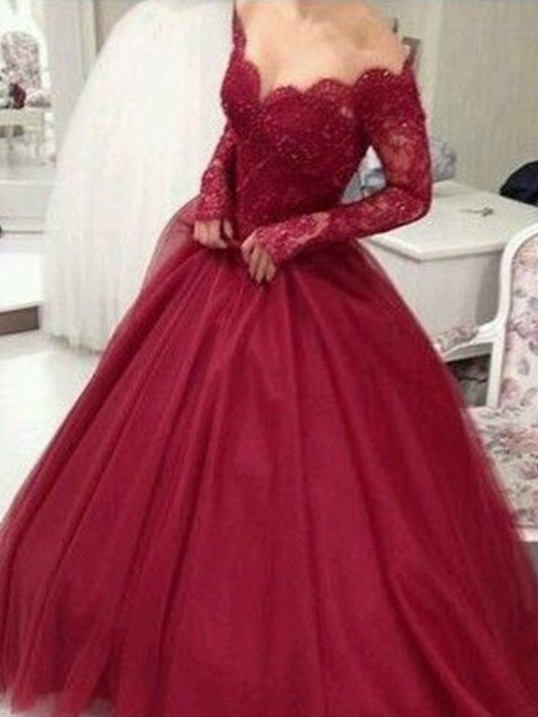 Ball Gown V-neck Long Sleeves Floor-Length Lace Tulle Dresses DEP0001734