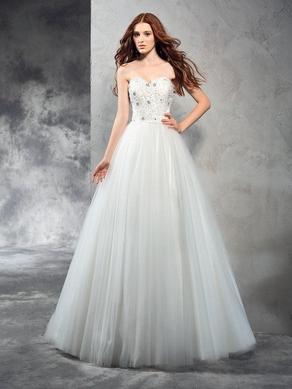 A-Line/Princess Sweetheart Beading Sleeveless Long Net Wedding Dresses DEP0006846