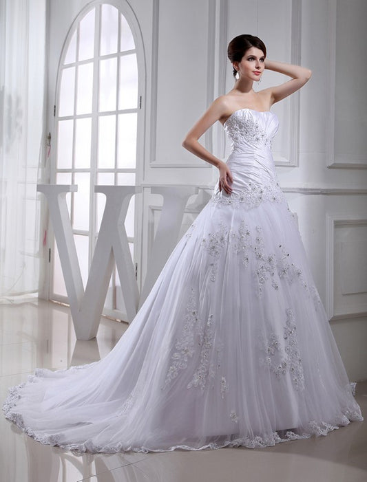 A-Line/Princess Beading Long Sleeveless Strapless Tulle Taffeta Wedding Dresses DEP0006716